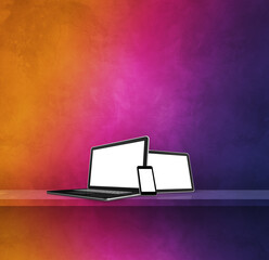 Laptop, mobile phone and digital tablet pc on rainbow wall shelf. Square background