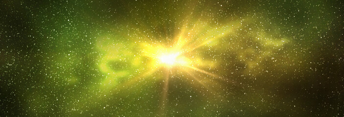Burst of light in space. Night starry sky and bright yellow galaxy, horizontal background banner
