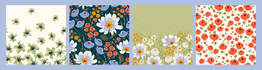 Fototapeta na wymiar Floral seamless patterns and borders. Vector design for paper, cover, fabric, interior decor and other