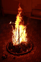 Holika Dahan a large wood fire during Holi or lohri festival