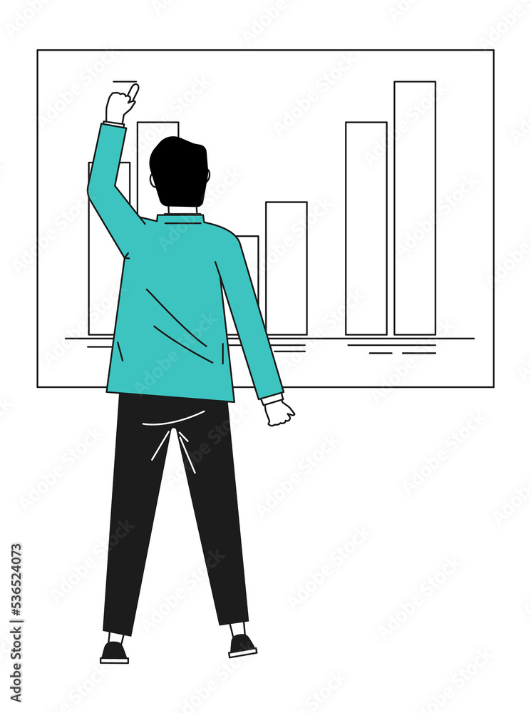 Poster man drawing chart on chalkboard. back view. presentation concept