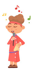 Cartoon girl singing. Young woman singer in red dress