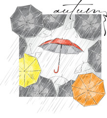 Vector graphic autumn print from umbrellas on the background of the rain with the inscription