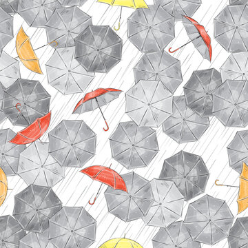 Autumn vector seamless pattern of umbrellas on rain background