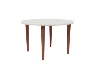 3d rounded wooden table with milk table top on isolated background. Modern elegant table for kitchen interior. Dark wood texture with old natural pattern. 3D render illustration.