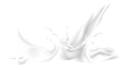Realistic milk splash. White creamy fluid crown with droplets - obrazy, fototapety, plakaty