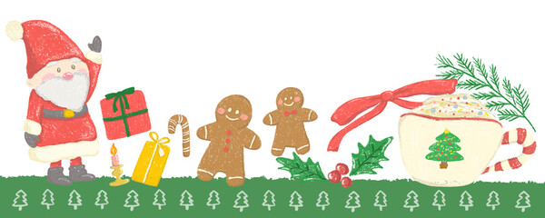 Fototapeta na wymiar Christmas decoration dwarf santa claus and gingerbread man cute hand drawn illustration / クリスマスの装飾 小人サンタクロースとジンジャーブレッドマン かわいい手描きイラスト