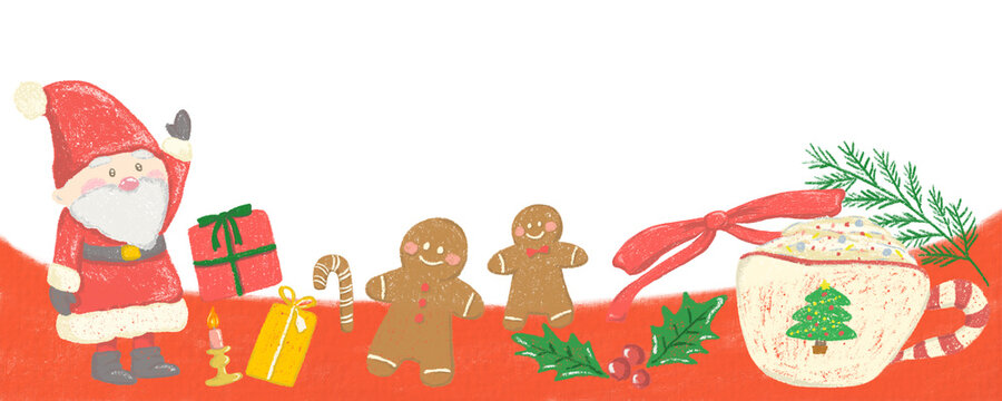 Christmas decoration dwarf santa claus and gingerbread man cute hand drawn illustration / クリスマスの装飾 小人サンタクロースとジンジャーブレッドマン かわいい手描きイラスト