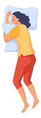 Woman hugging pillow in sleep. Bedtime resting position