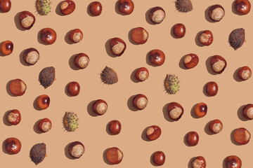 Tasty ripe chestnuts on pastel beige background. Aesthetic autumn harvest, desserts concept.