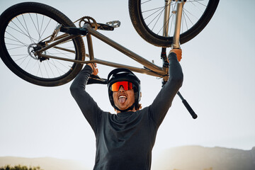 Mountain bike, sports man and winner celebrate success, fitness goal or winning outdoor competition...