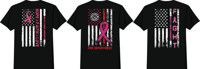 American Flag Fight Breast Cancer Awareness. Hope, Faith, Love. Fire Department T Shirt Design