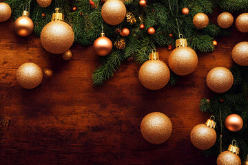 3d illustration of Christmas table, with ornaments. Flat lay copy space, Place holder with festive elements. &not;Banner, template, Background, post card, cover photo, letterhead