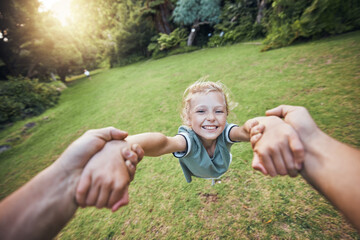 Child spinning from hands in park, pov and happy summer evening. Fun time, motion and girl in garden swinging from arms, support from dad in nature. Kids, grass and swing from hand in field in Sweden - obrazy, fototapety, plakaty