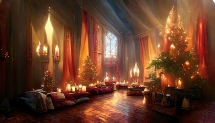 Fototapeta na wymiar New Year's festive interior of a majestic palace, house, room. Festive Christmas interior with garlands and Christmas tree, Evening holiday lights. 3D render. Raster illustration.