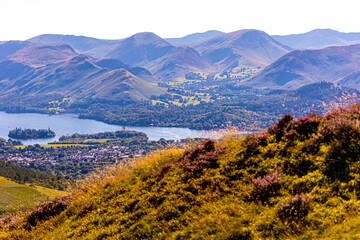 Aerial view of hills around Keswick in Lake District, a region and national park in Cumbria in northwest England