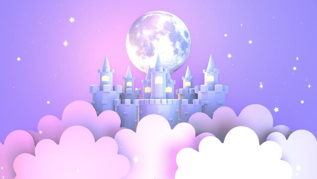 Looped cartoon castle and paper clouds under the big full moon at night animation.