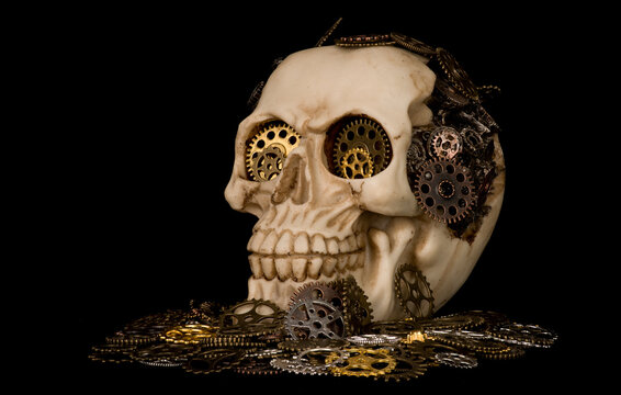 Skull and cogs home made skull with cogs and gears for a brain dramatic day of dead horror steampunk style statue