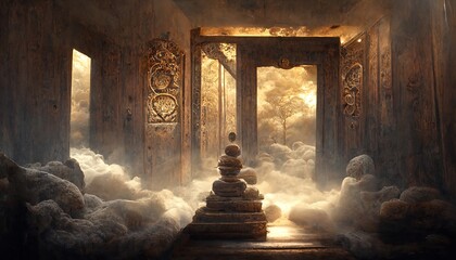 Portal to another world, magical realism, parallel world, ancient runes, relics. Wooden gate in dim clouds in an empty room. 3D render. Raster illustration.