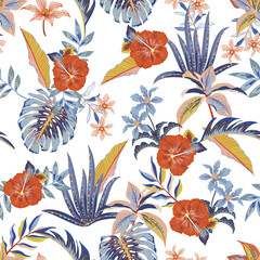 Tropical Blooming  hibiscus flower, palm leaves floral seamless pattern