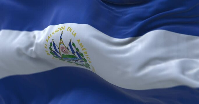 Close-up view of the El Salvador national flag waving in the wind