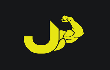 Fitness Gym logo with letter J, bicep flex logo, vector, design, emblem, icon