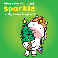 Christmas Flashcard for Children. Cute Unicorn theme. Ready to print. Printable game card. Educational card for preschool. Vector illustration.