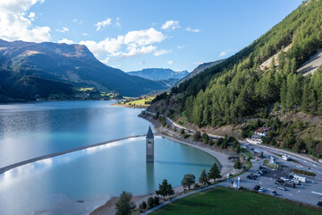 drone flight over Lake Reschensee in South Tyrol