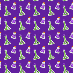 Halloween seamless pattern with cartoon potion in a bottles with purple background, flat vector illustration