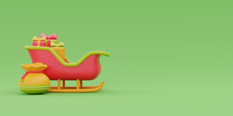 Merry Christmas and Happy New Year, gift boxes in santa's sleigh with presents sack. 3d rendering.