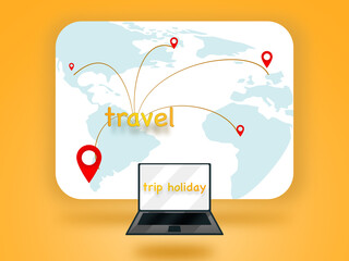 Concept Illustration Travel 3D. Black laptop on screen that says trip holiday floating on yellow background with a world map with the written word travel with symbols, locations. Object travel 