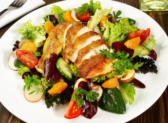 Mixed Salad with Vegetables, Fruits and grilled Chicken Breast
