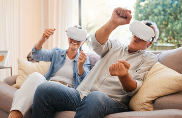 Elderly, couple and VR on sofa for gaming online in home living room. Man, woman and virtual reality glasses for esports while relax in house with technology, fun and 3D games together in retirement
