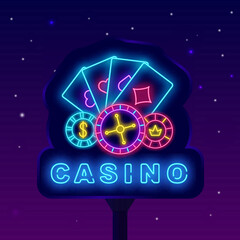 Casino neon billboard. Night street advertising. Internet gambling online. Vector stock illustration