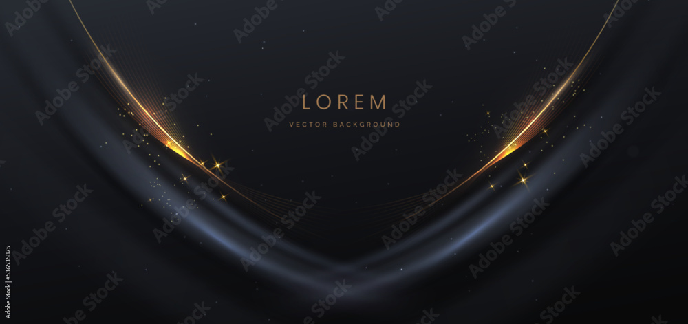 Poster abstact 3d luxury black curve with border golden curve lines elegant and lighting effect on black ba