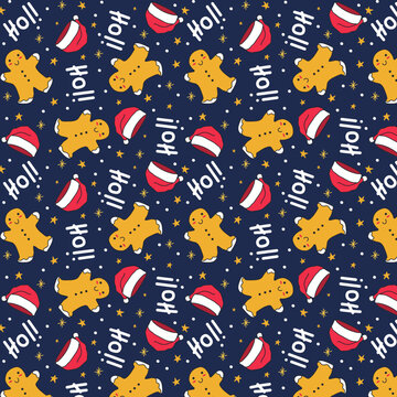 Cute Hand drawn Christmas Seamless Pattern on Blue Background