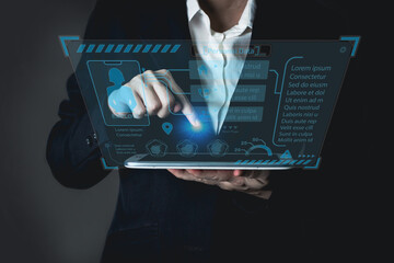 Businesswoman is pointing and press start button on tablet to show optimal human data center. Concepts of long-term business development and management. Human resource.