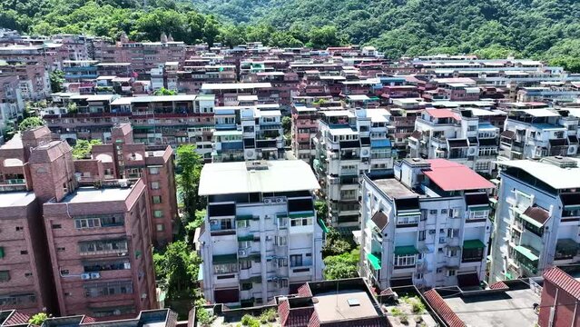 4K Shot Ariel View : New Modern Quarter Condominium Apartment Flat Building Complex In Country For People In The Center Of The City With Green Forest Area In Taiwan Asia.