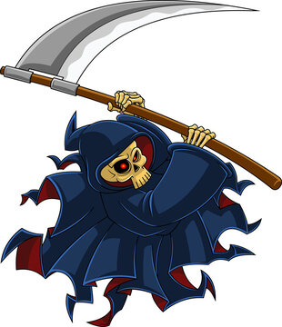 recommend clip art: Angry Grim Reaper Skeleton Cartoon Character With A Scythe Attacking. Hand Drawn Illustration Isolated On Transparent Background