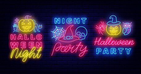 Halloween party neon labels collection. Night club signboards set. Light greeting cards pack. Vector illustration
