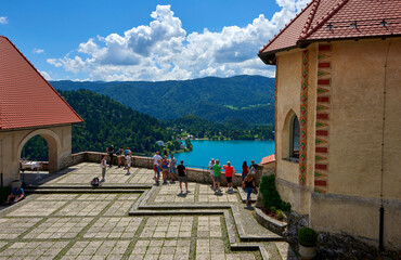 Visiting Bled castle on a sunny summer day, Slovenia