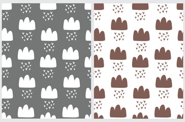 Cute Simple Seamless Vector Patterns with Fluffy Clouds and Hearts on a White and Gray Background. Simple Nursery Art for Baby Boy and Girl. Print with Clouds and Hearts for Fabric, Wrapping Paper.
