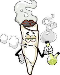 Marijuana Joint Cartoon Character Smoking A Bong. Hand Drawn Illustration Isolated On Transparent Background