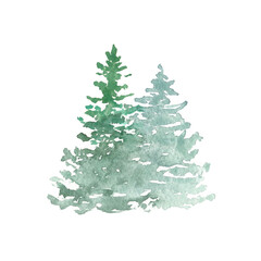 Watercolor fir trees on white background. Wild forest travel. Hand drawn natural element. Landscape template for woddland design