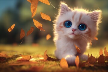 A 3D rendered computer-generated image of an adorable kawaii Himalayan kitten playing outside and enjoying the weather.  - obrazy, fototapety, plakaty