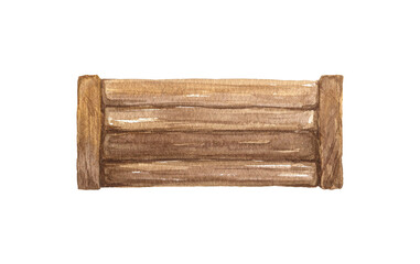 Rustic wooden box watercolor illustration. Isolated object. Hand drawn graphic. Shipping container.