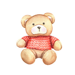 Cute little teddy bear sketch. Watercolor illustration on white background. Hand drawn art. Funny cartoon toy. Design element.