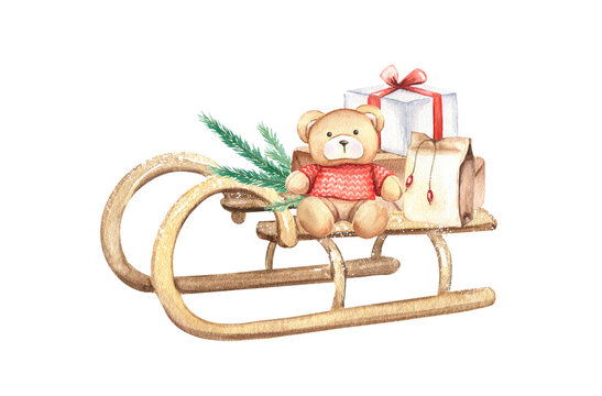 Wooden sleigh with gift boxes and teddy bear. Watercolor hand-painted illustration. Winter graphics for Christmas design