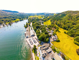 Aerial view of Lakeside in Lake District, a region and national park in Cumbria in northwest England