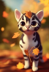 Obraz premium A 3D rendered computer-generated image of an adorable kawaii American Shorthair kitten playing outside and enjoying the weather. 